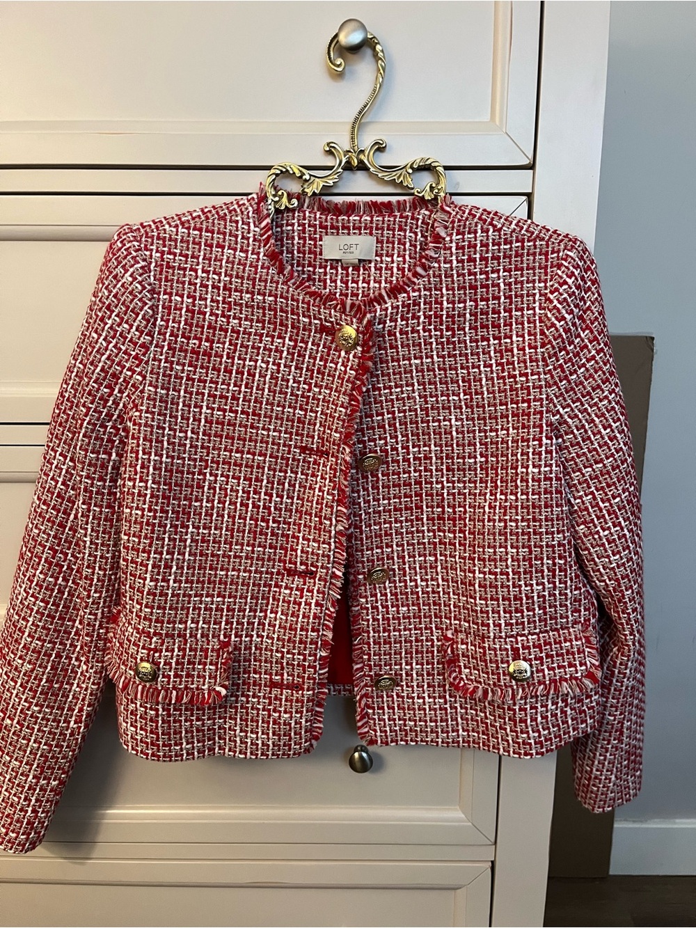 LOFT Red and White Tweed Boxy Jacket with Gold Buttons